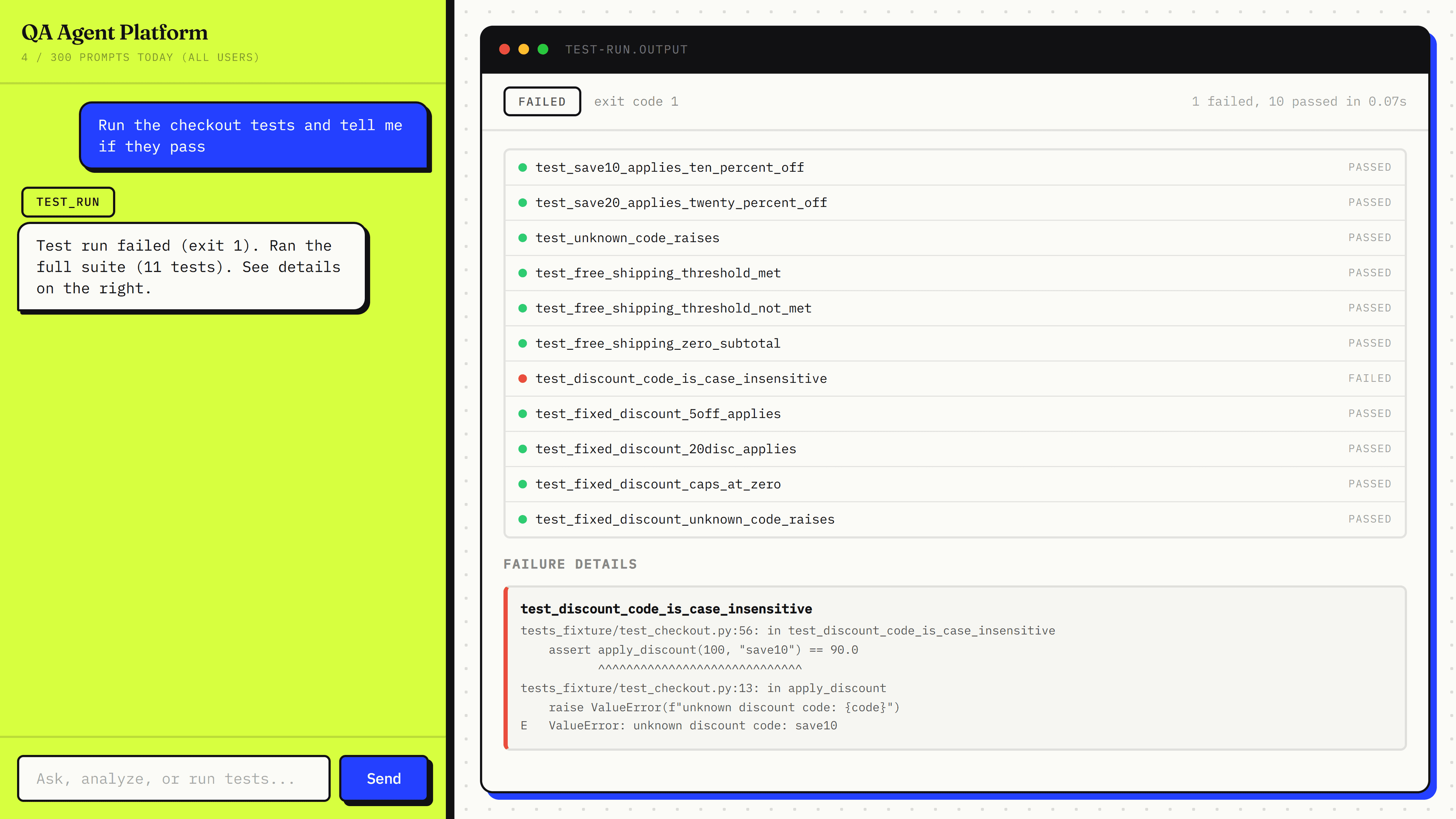 QA Agent Platform chat interface showing a real pytest run, 10 tests passed and 1 failed, with failure details expanded